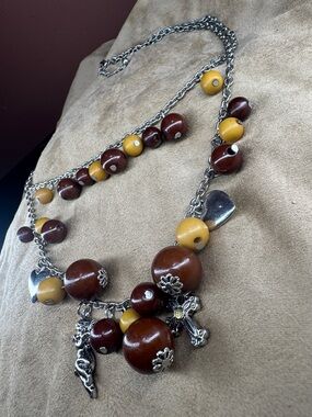 Two-Tier Brown & Mustard Bead Charm Necklace - Fashion Jewelry
